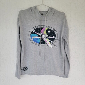 Disney X-Wing Starfighter Star Wars Hooded Tee Mens Size S Gray Long Sleeve
